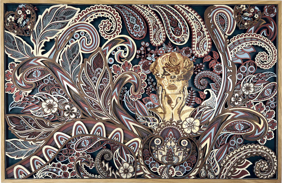 Goddess Chloris layered wood artwork by Maj Singh