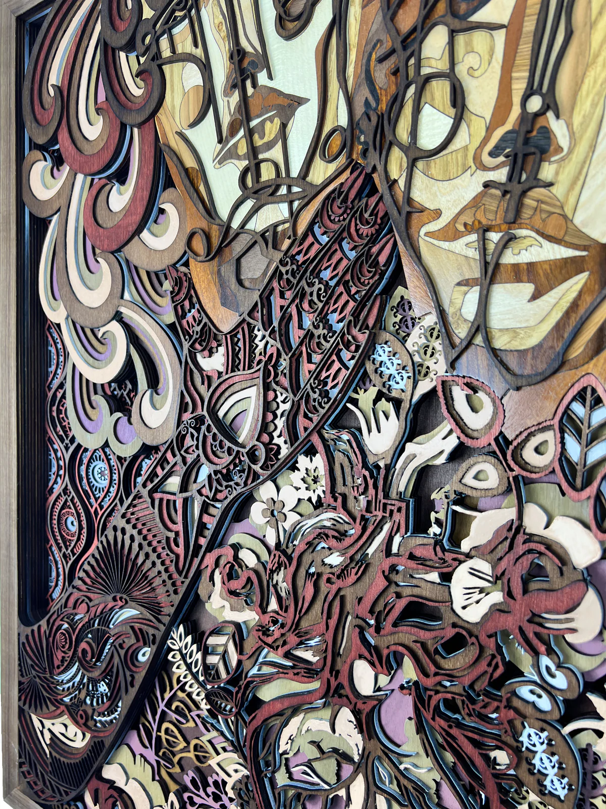 Angled close-up showing the many wooden layers of Harmony in Duality