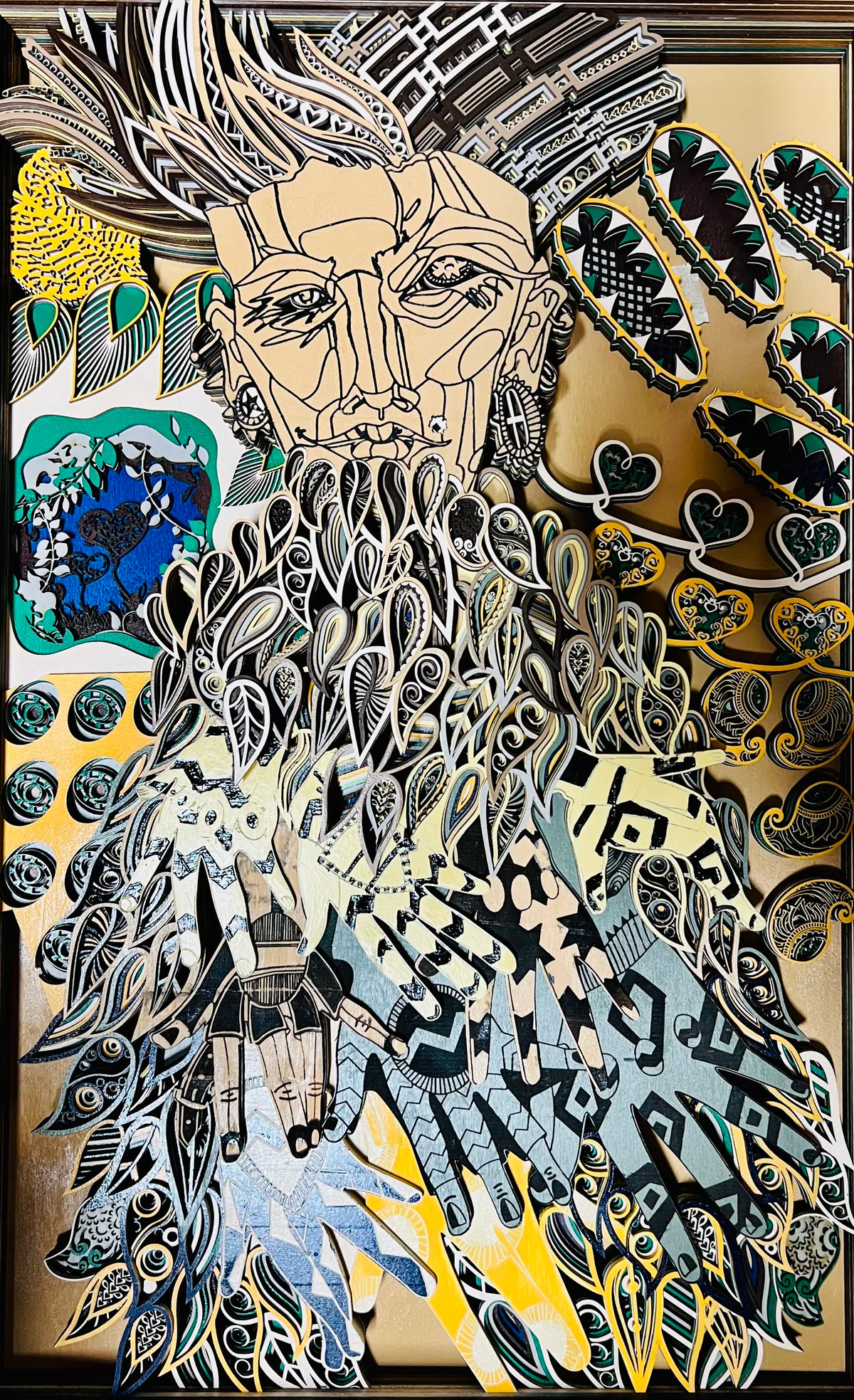 Colour experiments on laser-cut wooden artwork