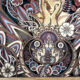 Close-up of the lower middle section of the Goddess Chloris wood art piece, showcasing the elaborate crowning center patterns.